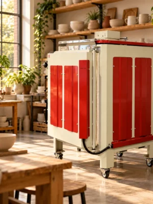 Sunlit Ceramics Studio with Red Kiln Seramik fırını